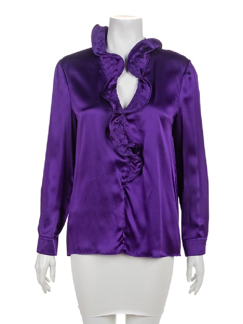 Collection of four fashion items: Armani, Ferragamo,: Collection of four fashion items: Armani, Ferragamo, Escade, Max Mara, 1980-90s The first is a purple silk satin blouse with long sleeves and plunging neckline trimmed with a peplum. Label: Armani Col