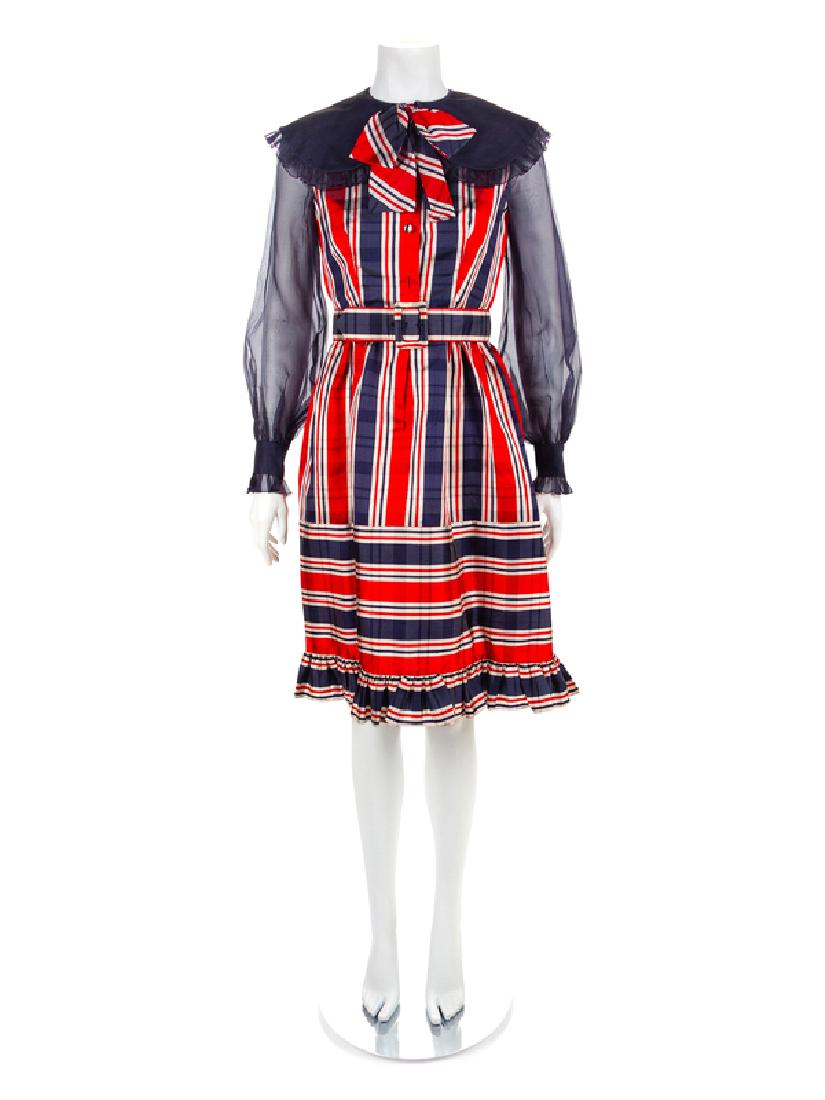 Oscar de la Renta Dress with Belt, 1980-90s: Oscar de la Renta Dress with Belt, 1980-90s Red, white and blue plaid silk taffeta dress with fitted bodice and full skirt with a gathered hem. The crew neckline is finished with a wide blue collar an