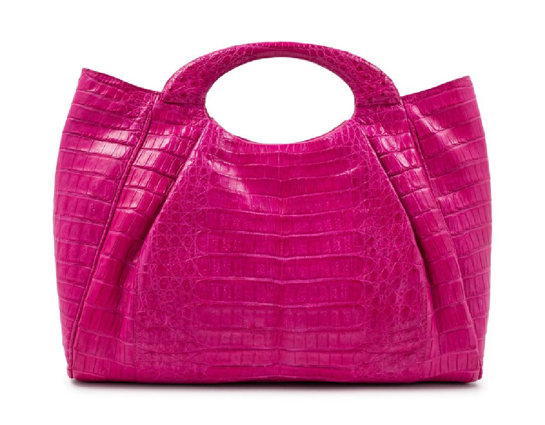 Nancy Gonzalez Handbag, 2000s: Nancy Gonzalez Handbag, 2000s Pink Purple crocodile with goldtone hardware, matching suede interior with slip pocket and zip pocket, open top with hidden magnetic closure, arched handle with removable