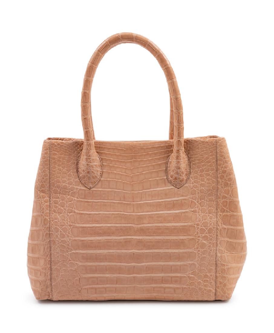 Nancy Gonzalez Pink Tote, c. 2015: Nancy Gonzalez Pink Tote, c. 2015 Pink Crocodile with dual top handles, beige suede interior lining with slip pocket, cell phone pocket, and zip pocket, open top with hidden interior magnetic tab clos