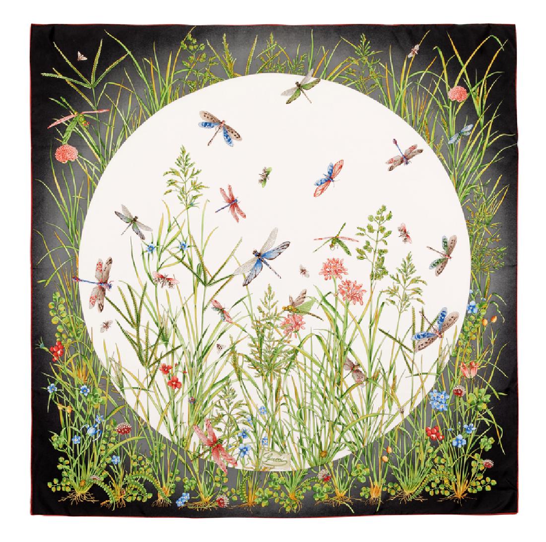 Gucci Silk Scarf, 1980-90s: Gucci Silk Scarf, 1980-90s Cream and black with large moon, garden and dragon fly motif with red rolled hem. Labeled within the print: Gucci Approximate measurements: 36" x 36" Condition: Overall good