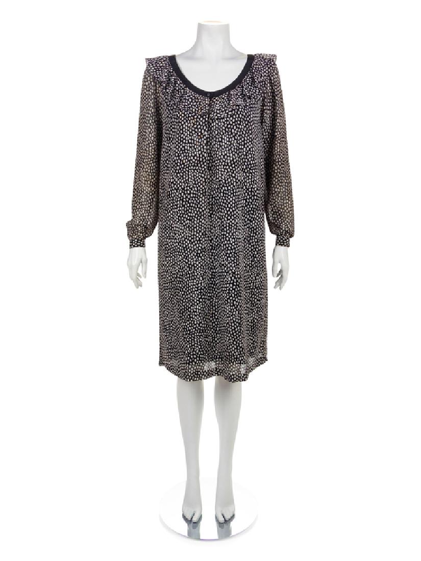 Hanae Mori Dress, 1970-80s: Hanae Mori Dress, 1970-80s Light black crepe dress printed with white circles. The dress is cut with a wide scoop neckline trimmed with black fabric and a ruffle of self-fabric. A short buttoned plack