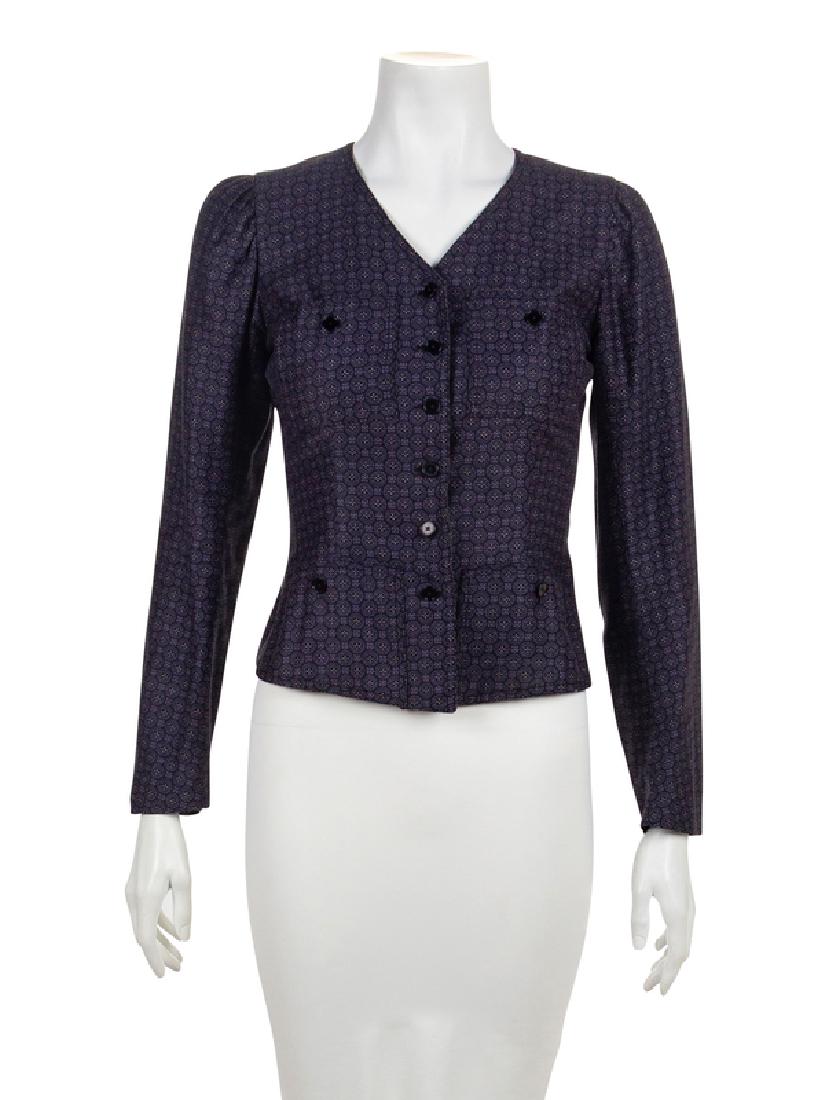 Yves Saint Laurent Jacket, 1980-90s: Yves Saint Laurent Jacket, 1980-90s Black with purple floral and geometric motif, gathered shoulders, four front patch pockets each with a single button, back belt with single button, black lining wit