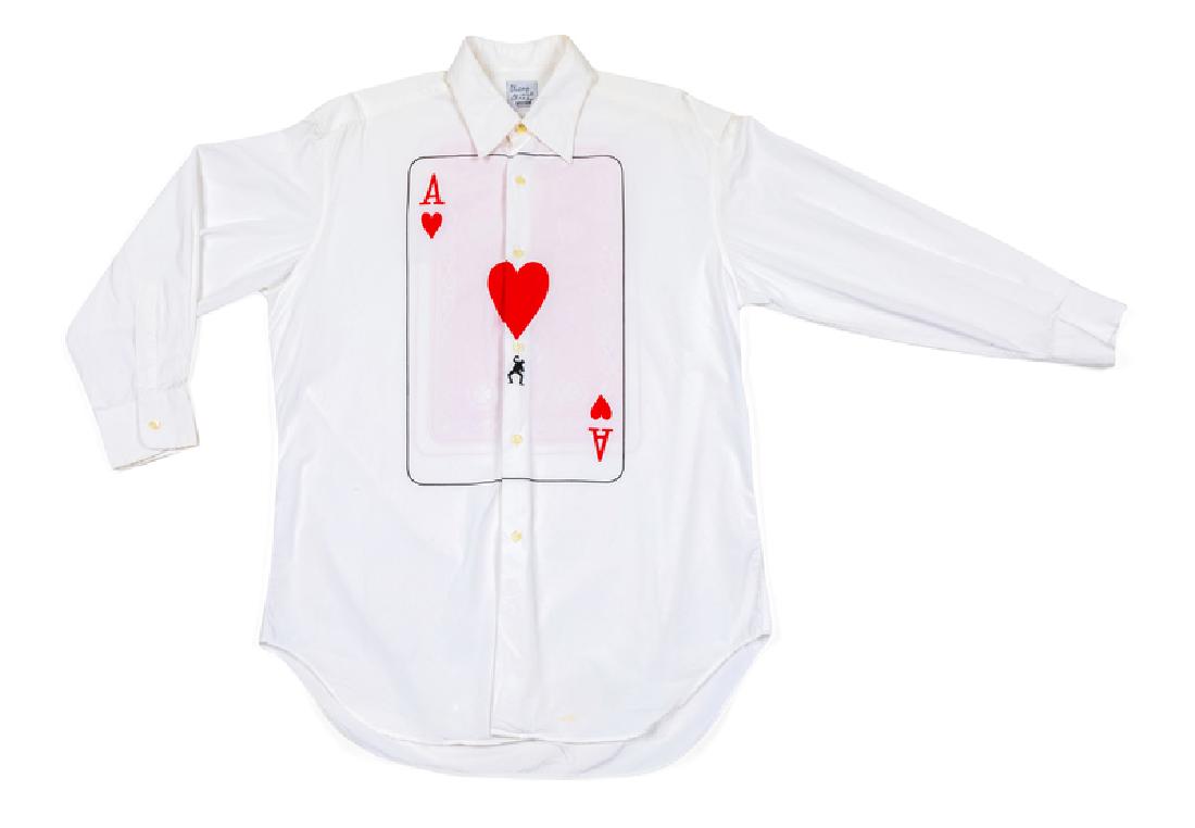 Moschino Playing Card Shirt, 1980-90s: Moschino Playing Card Shirt, 1980-90s White cotton dress shirt printed with the Ace of Hearts on front and the back of a playing card, with hearts, smiley faces and other shapes, on the back. Below th