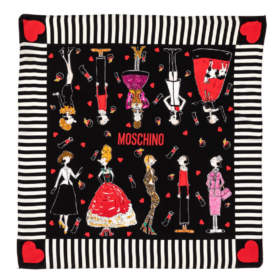 Moschino Shawl, 1990s: Moschino Shawl, 1990s Black silk scarf printed with Olive Oil from the Popeye cartoon wearing ten different fashion styles, including Christian Dior's New Look from 1947 and Yves Saint Laurent's Mondr