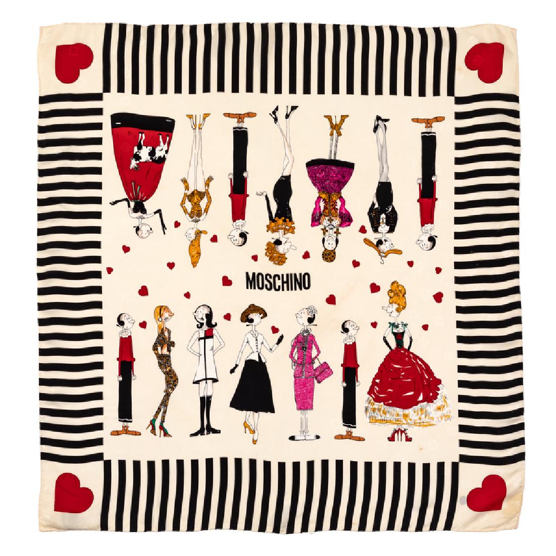 Moschino Scarf, 1990s: Moschino Scarf, 1990s Off-white silk scarf woven with the letter of 'MOSCHINO' and printed with fourteen Olive Oils from the Popeye cartoon wearing different fashion styles, including Christian Dior's