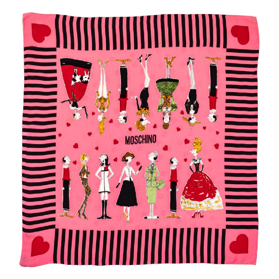 Moschino Scarf, 1990s: Moschino Scarf, 1990s Pink silk scarf woven with the letter of 'MOSCHINO' and printed with fourteen Olive Oils from the Popeye cartoon wearing different fashion styles, including Christian Dior's New
