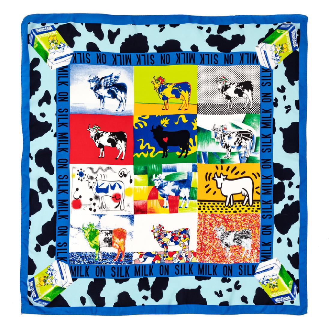 Moschino Scarf, 1980-90s: Moschino Scarf, 1980-90s Silk scarf printed with 12 different cows in a grid pattern and surrounded by the repeated words 'MILK ON SILK'. Labelled within the print: Moschino Approximate size: 34" x 34