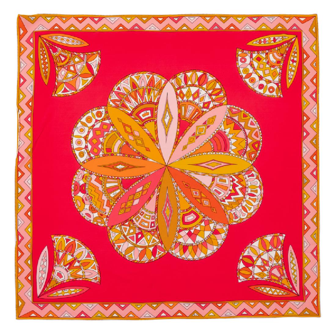 Pucci Scarf, 1960-80s: Pucci Scarf, 1960-80s Silk scarf printed with iconic Pucci print in bold outlined colorways. Labeled within print: Pucci Size: 36" x 36" Condition: Overall good condition. Wear consistent with age. Th