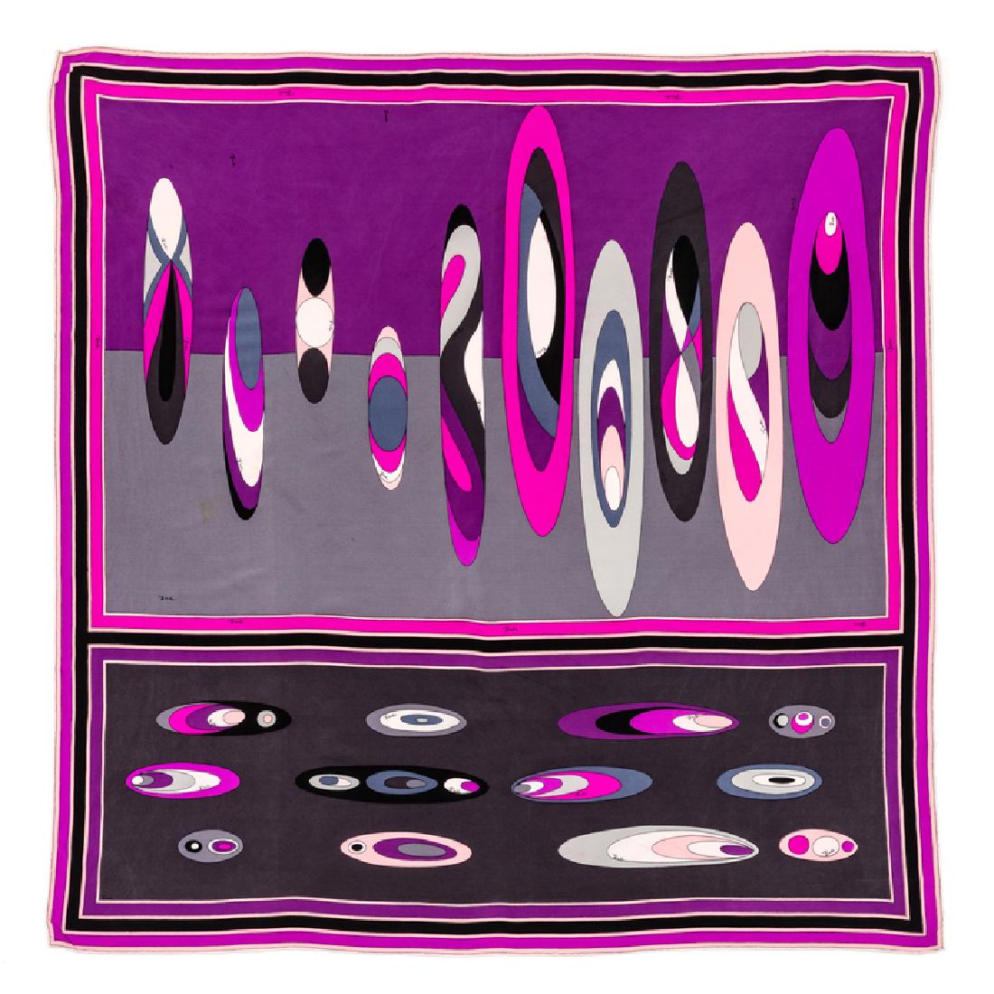 Pucci Scarf, 1960-80s: Pucci Scarf, 1960-80s Silk scarf printed with iconic Pucci print in bold outlined colorways. Labeled within print: Pucci Size: 36" x 36" Condition: Overall good condition. Wear consistent with age. Th