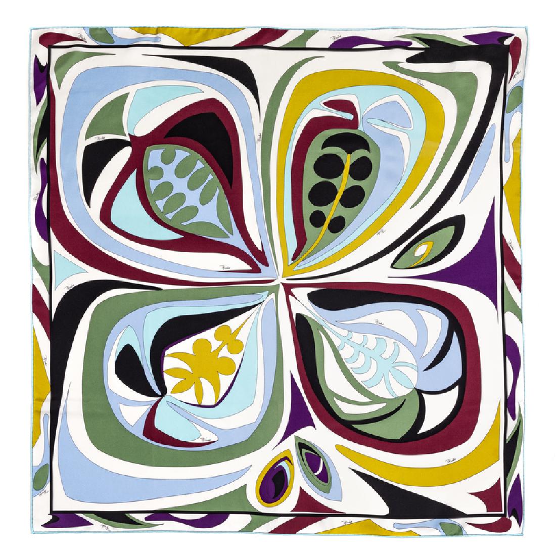 Pucci Scarf, 1960-80s: Pucci Scarf, 1960-80s Silk scarf printed with iconic Pucci print in bold outlined colorways. Labeled within print: Pucci Size: 36" x 36" Condition: Overall good condition. Wear consistent with age. Th