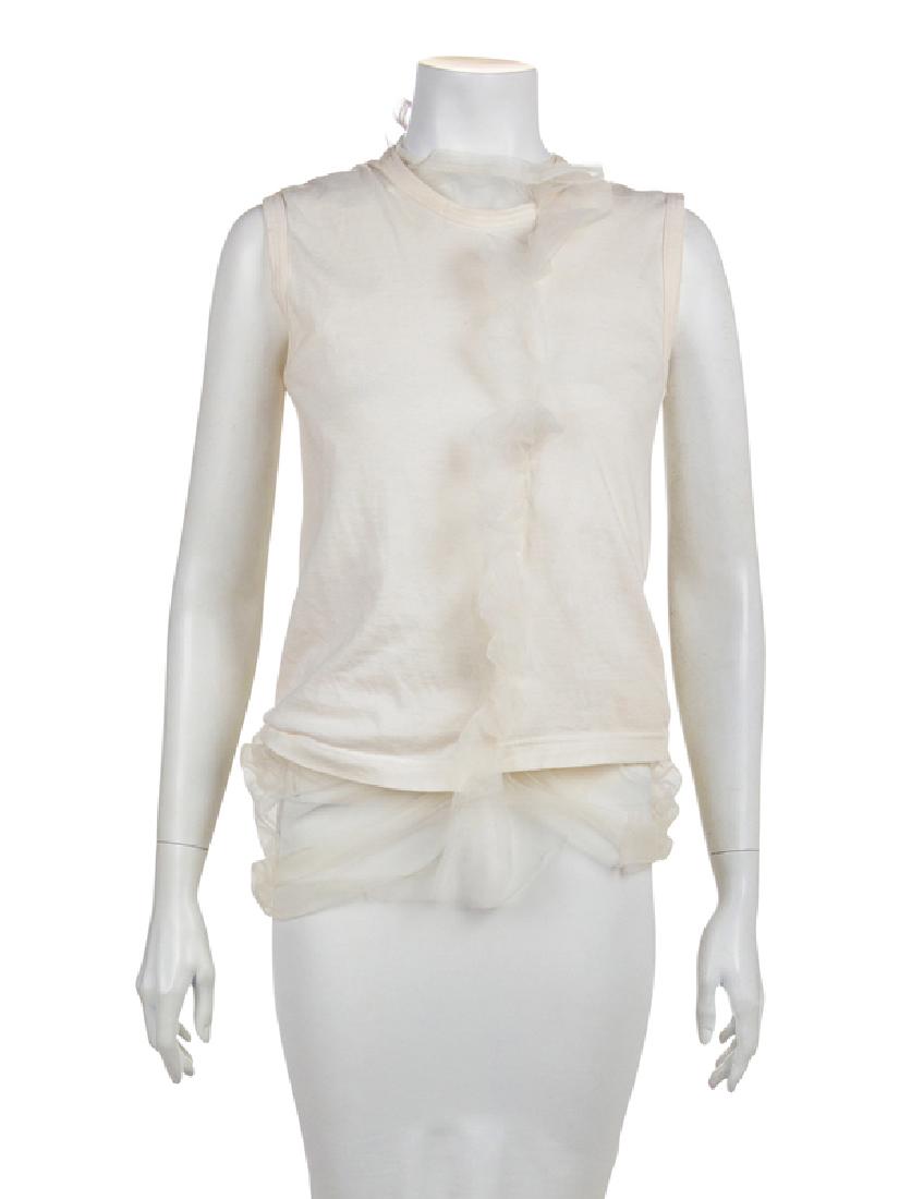 Comme des Garcons Top, 1990-2000s: Comme des Garcons Top, 1990-2000s Sleeveless white cotton t-shirt with crew neckline and cut in the fabric up the center front and back. The cut is stitched back together along with a gathered panel o
