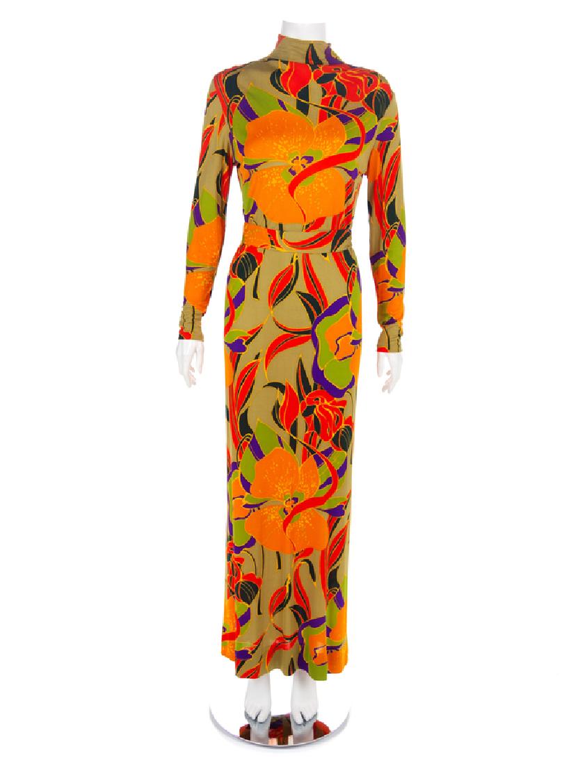 La Mendola Dress, 1960-70s: La Mendola Dress, 1960-70s Three-piece dress of printed silk knit and crepe in a floral pattern. The long knit dress has a stand collar, long sleeves and a center back neck placket with self-fabric co