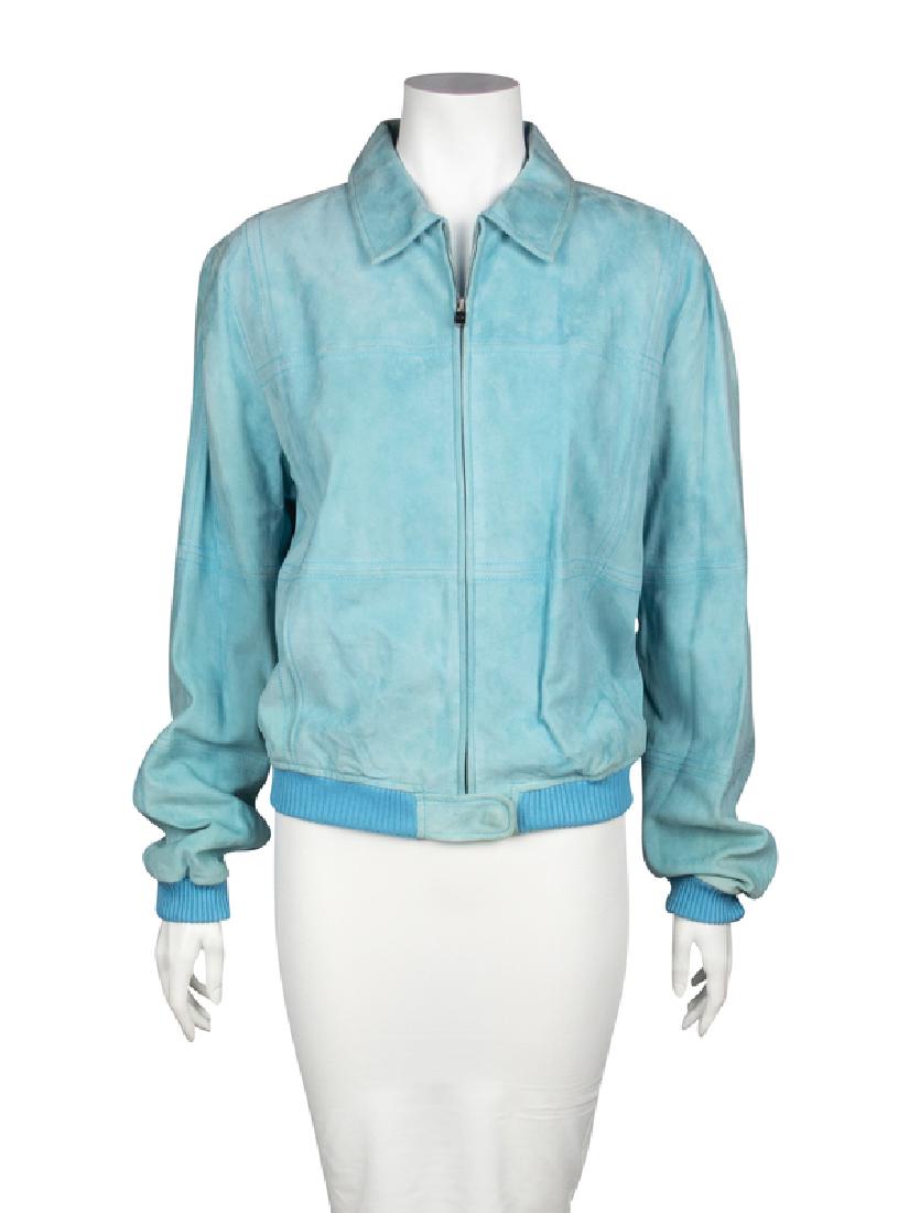 Loro Piana Coat, 1990s: Loro Piana Coat, 1990s Light blue suede coat sewn with top-stitched square panels with fold down collar, long sleeves and blue knit hem. Center front zipper closure with a tan lining. Label: Loro Pi