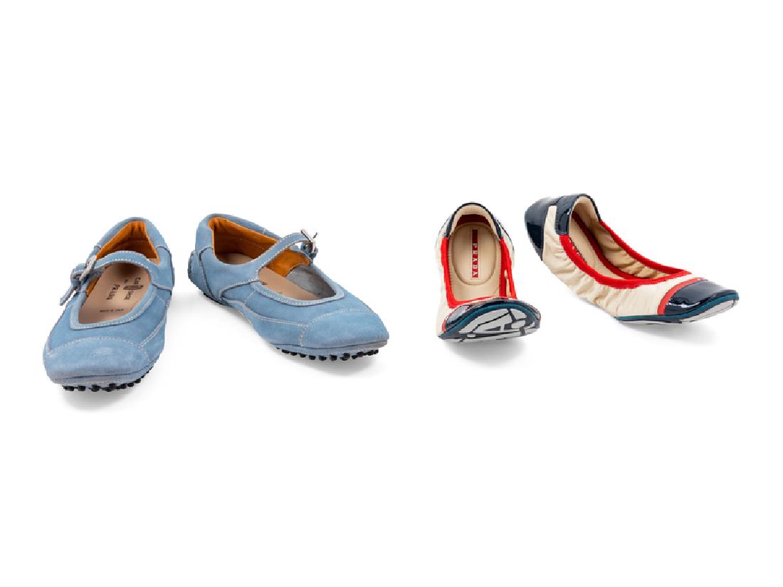 Two Pairs of Prada Shoes, 2000s: Two Pairs of Prada Shoes, 2000s The first: Blue suede driving shoes with buckled strap. The second: Red, white and blue elastic side flats. Both pairs size: 36.5 Condition: Overall pristine conditio