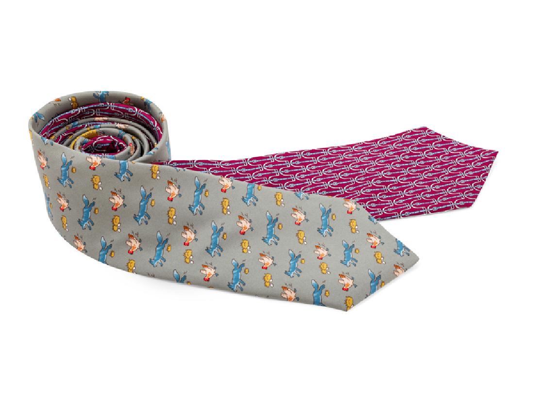 Pair of Hermes Silk Ties: Pair of Hermes Silk Ties The first: Light blue with a fox and hen design. The second: Red with a blue strap design. Label: Hermes Condition: Overall very good condition. gray one has no visible cond