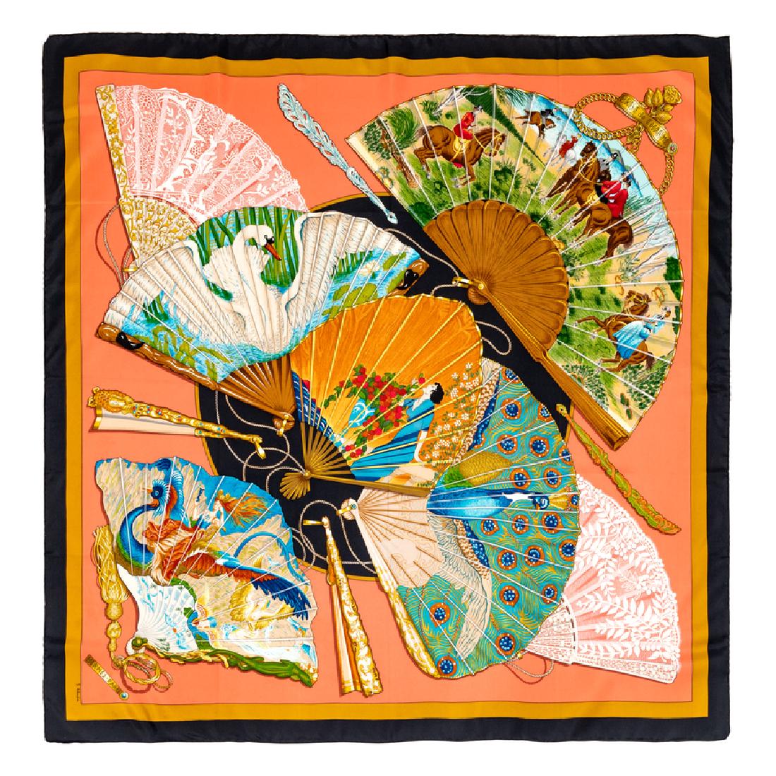 Hermes 90cm Silk Scarf: Hermes 90cm Silk Scarf "Brise de Charme" pattern, designed by Julia Abadie. Together with a box. Size: 36" x 36" . Labeled within the print: Hermes. Condition: Overall Excellent Condition. Lower left 