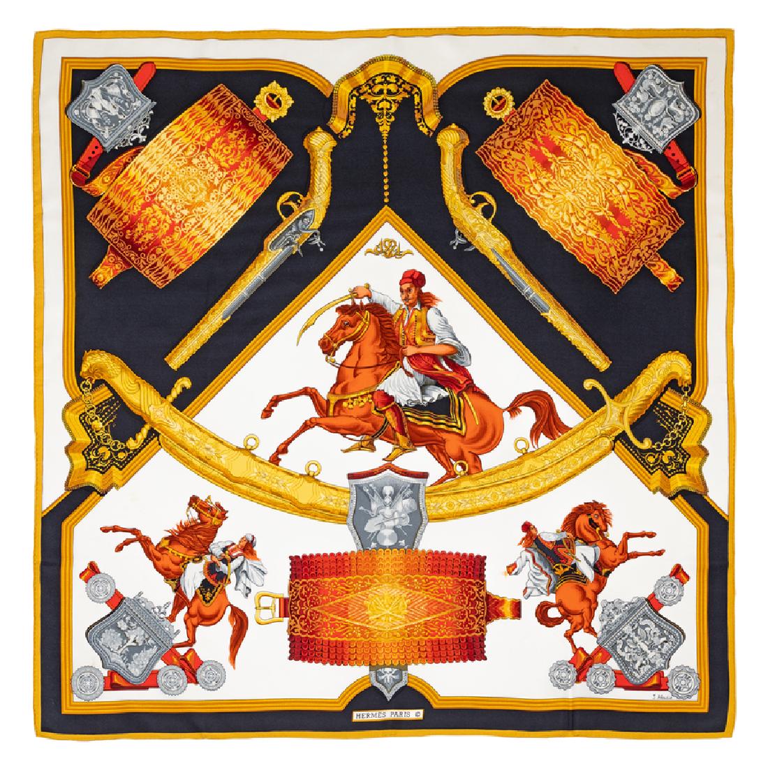 Hermes 90cm Silk Scarf: Hermes 90cm Silk Scarf "Hommage a l' Amitie Franco-Ellenique/1821" pattern, designed by Julia Abadie. Together with a box.Â Labeled within the print: Hermes.Â Size: 36" x 36". Provenance: Estate
