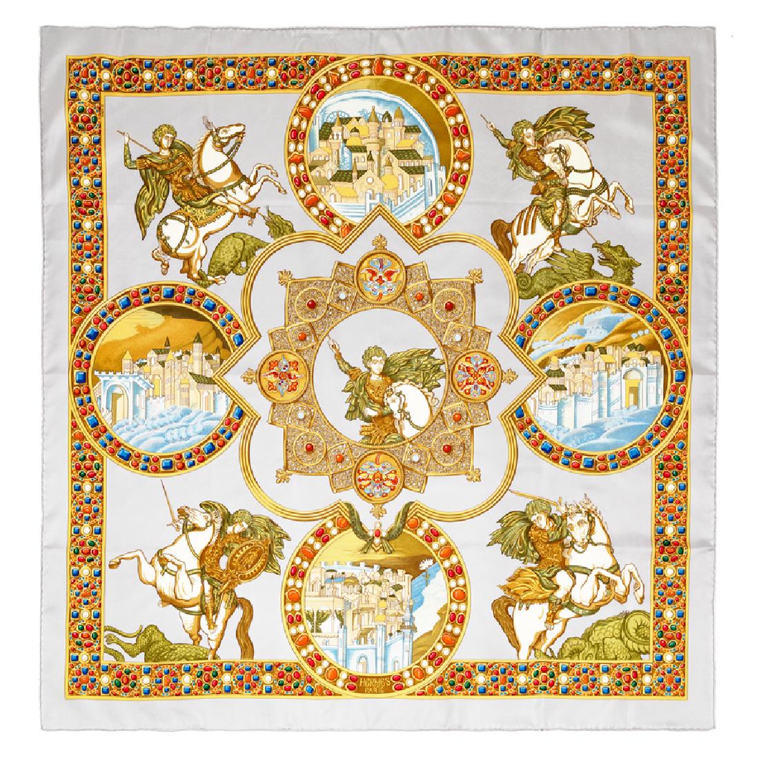 Hermes 90cm Silk Scarf: Hermes 90cm Silk Scarf "Le Triomphe du Paladin" pattern, designed by Julia Abadie. Together with a box. Size: 36" x 36". Labeled within the print: Hermes. Condition: Overall Excellent Condition. No vi