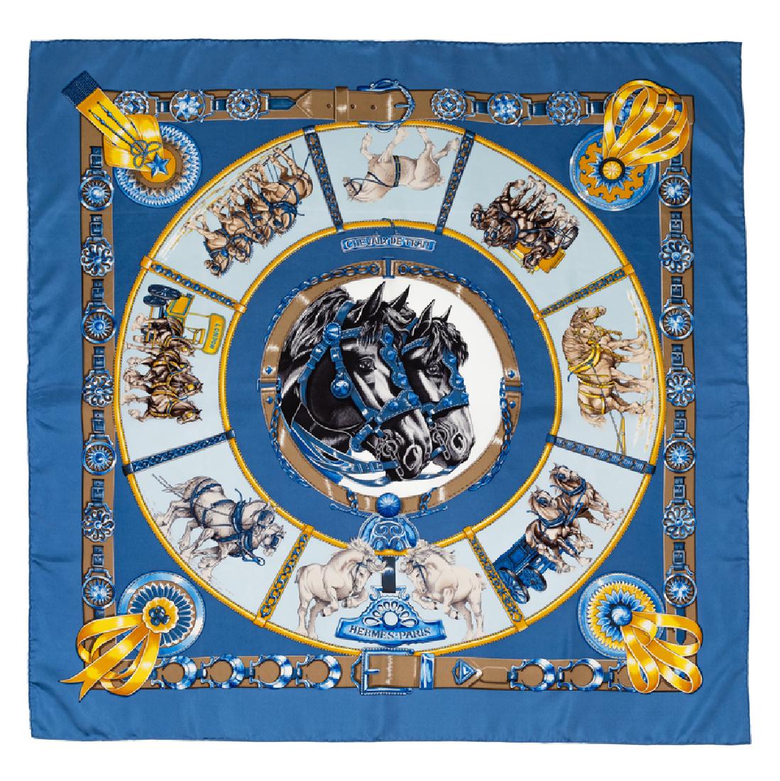 Hermes 90cm Silk Scarf: Hermes 90cm Silk Scarf "Chevaux de Trait" pattern, designed by Laurence Bourthoumieux. Together with a box. Size: 36" x 36". Labeled within the print: Hermes. Condition: Overall Excellent Condition.