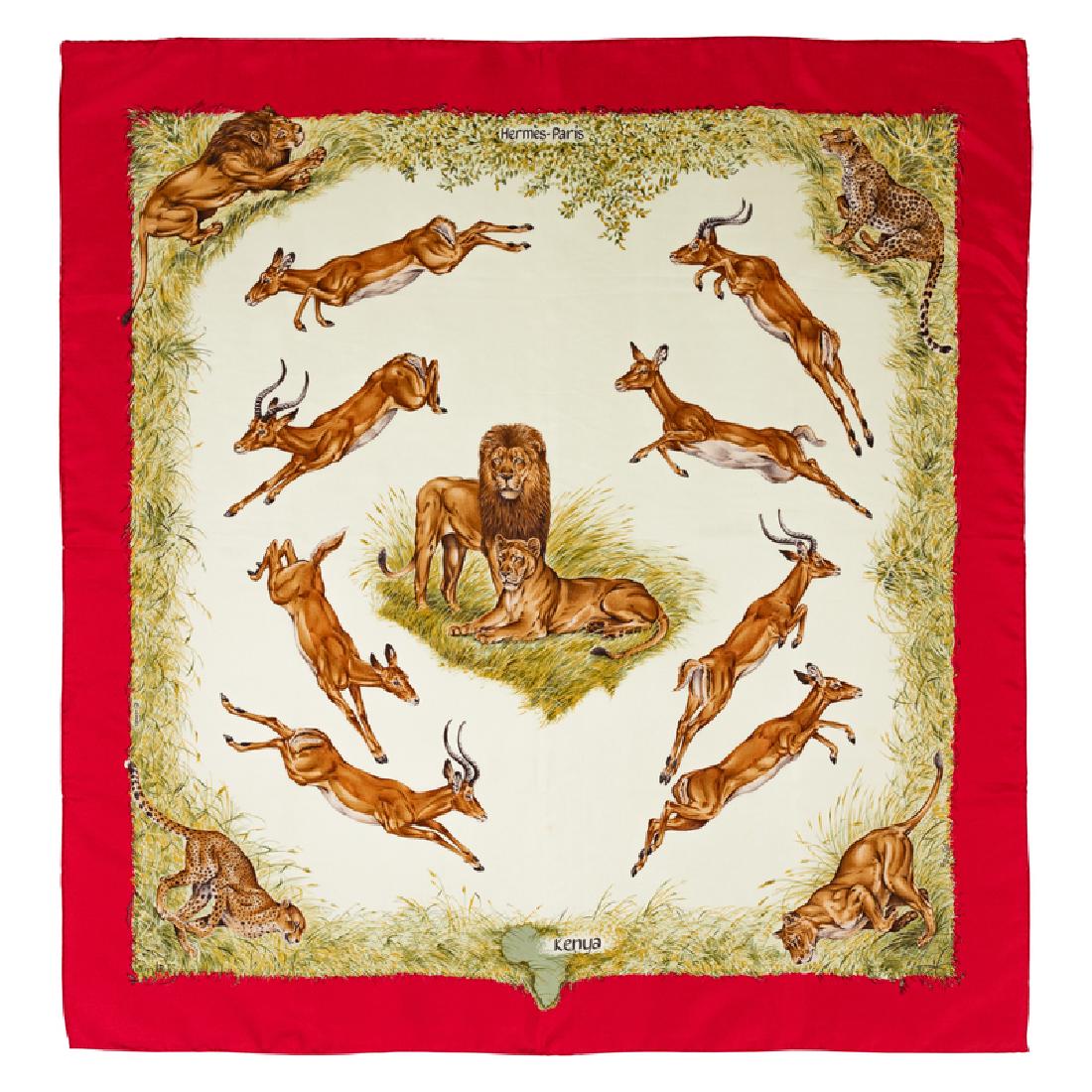 Hermes 90cm Silk Scarf: Hermes 90cm Silk Scarf "Kenya" pattern, designed by Robert Dallet.Â Size: 36" x 36".Â Labeled within the print: Hermes. Provenance: Estate of Jacqueline Macomber, Fox Point, Wisconsin