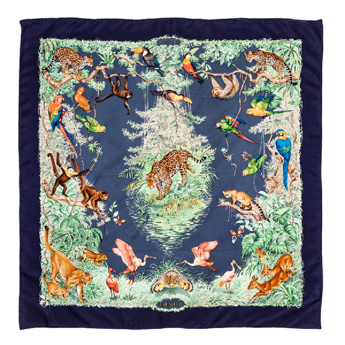 Hermes 90cm Silk Scarf: Hermes 90cm Silk Scarf "Equateur" pattern, designed by Robert Dallet. Size: 36" x 36". Labeled within the print: Hermes.