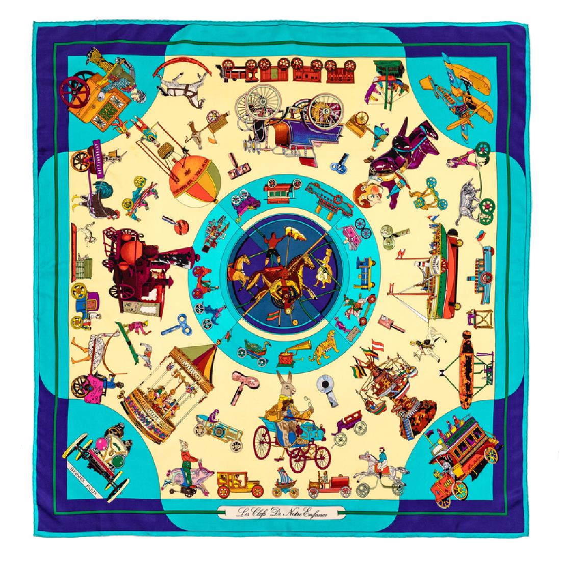 Hermes 90cm Silk Scarf: Hermes 90cm Silk Scarf "Les Clefs De Notre Enfance" pattern, designed by Loic Dubigeon.Â Stamped within the pattern: Hermes.Â Size: 36" x 36".