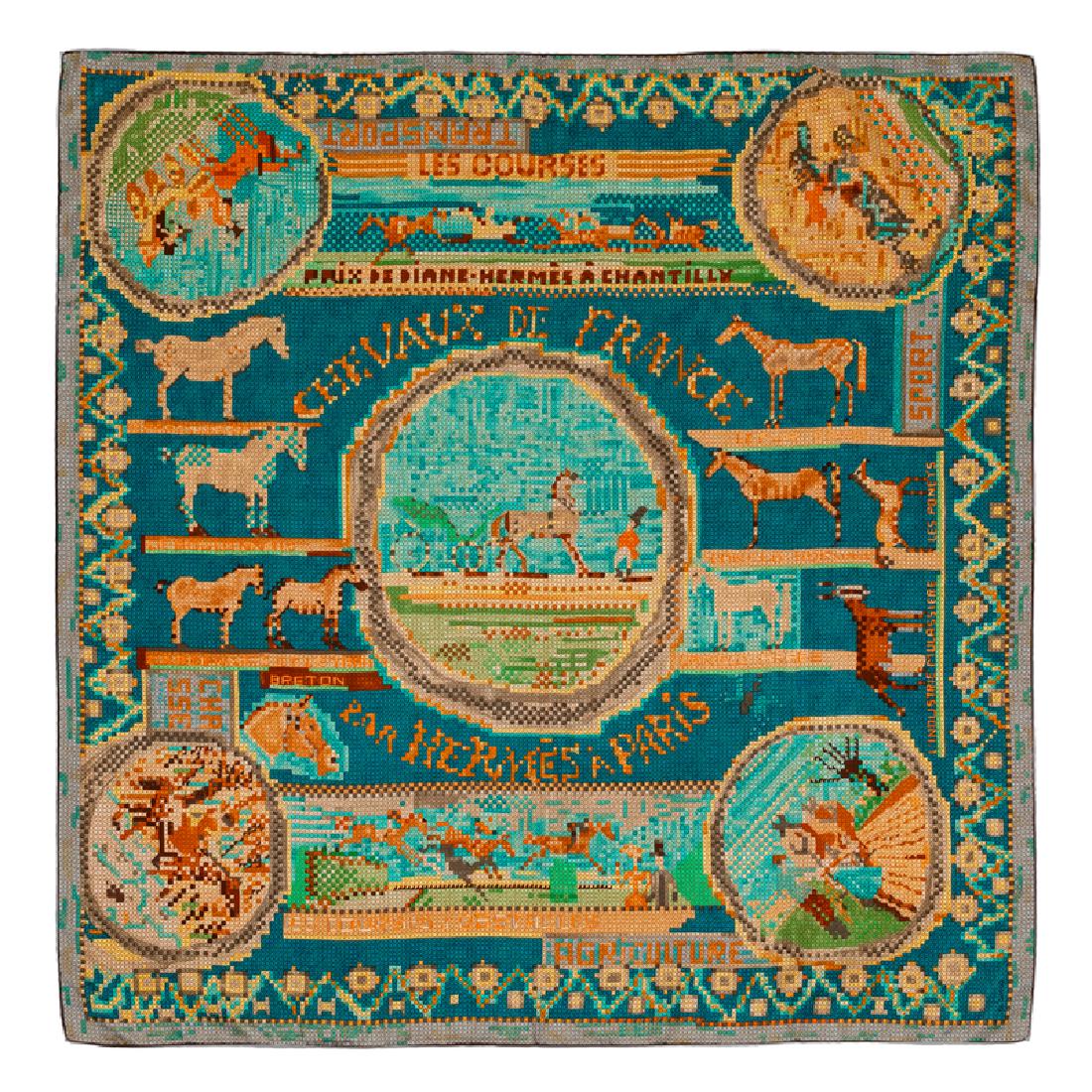 Hermes 90cm Silk Scarf: Hermes 90cm Silk Scarf "Chevaux De France" pattern, designed by Philippe Dumas Size: 36" x 36". Labeled within the print: Hermes. Condition: Overall Excellent Condition. Minor spots bottom right, top 