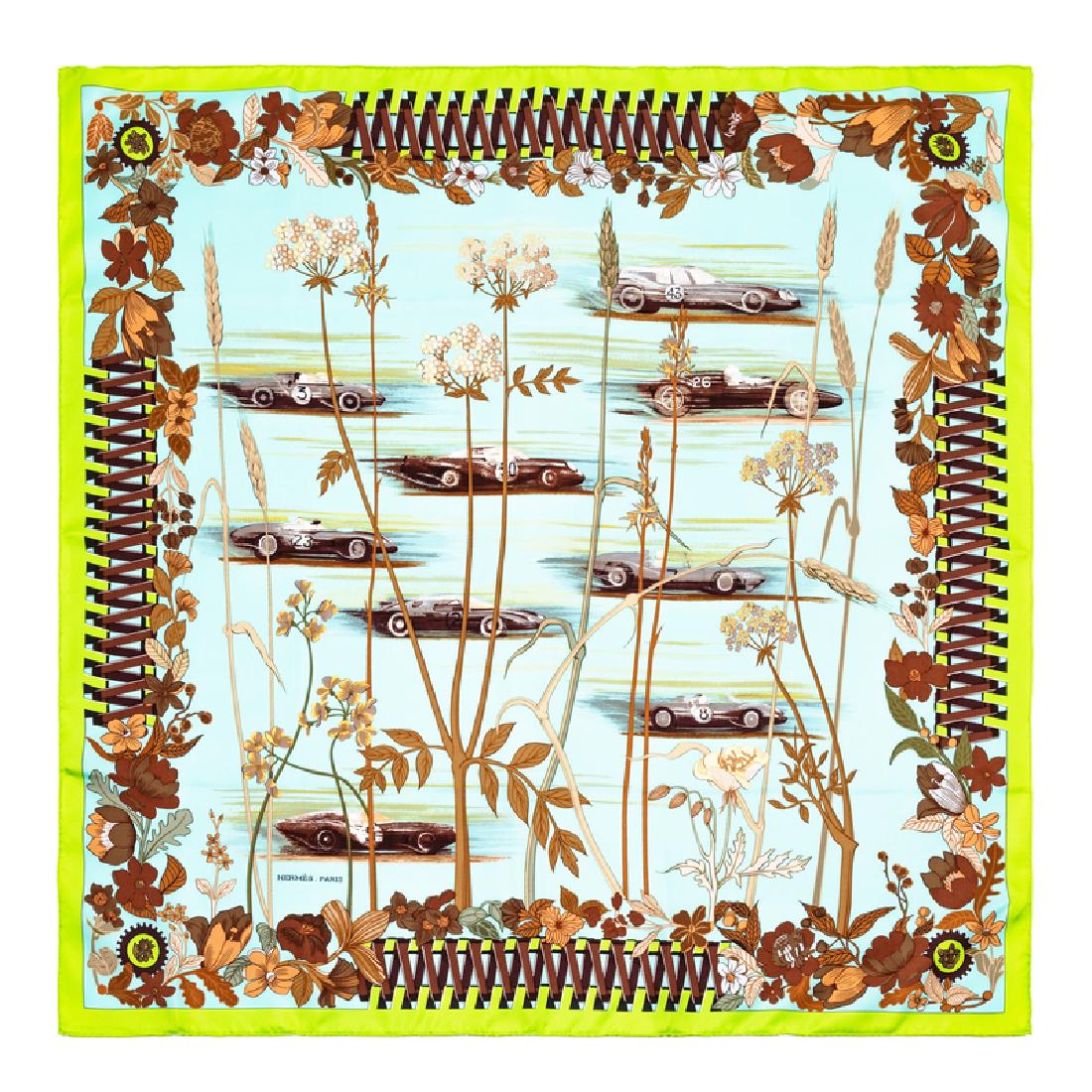 Hermes 90cm Silk Scarf: Hermes 90cm Silk Scarf "Les Bolides" pattern, designed by Rena Dumas. Size: 36" x 36". Labeled within the print: Hermes. Condition: Overall Excellent Condition. No visible condition issues. The stated