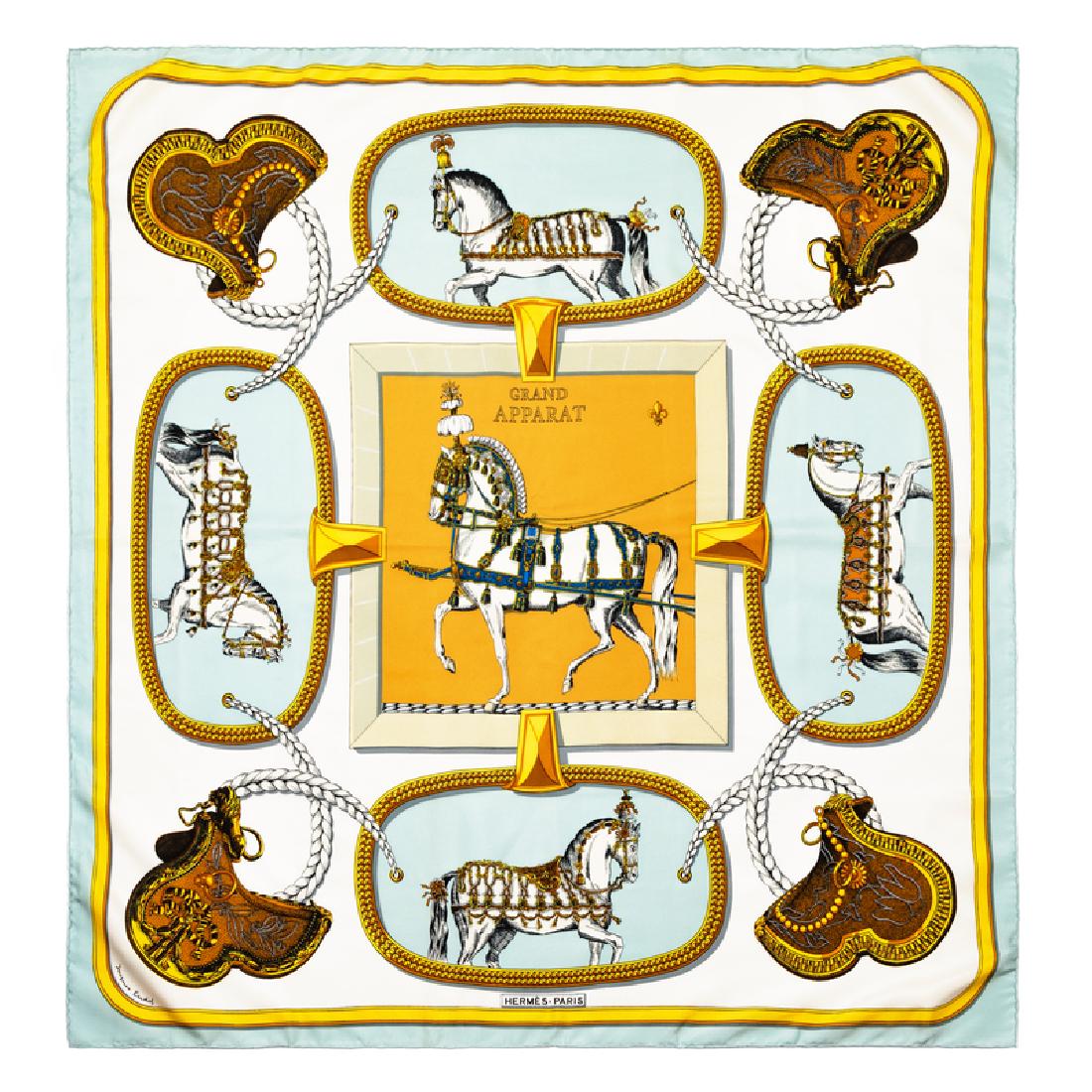 Hermes 90cm Silk Scarf: Hermes 90cm Silk Scarf "Grand Apparat" pattern, designed by Jacques Eudel. Size: 36" x 36". Labeled within the print: Hermes. Condition: Overall Excellent Condition. No visible condition issues. The s