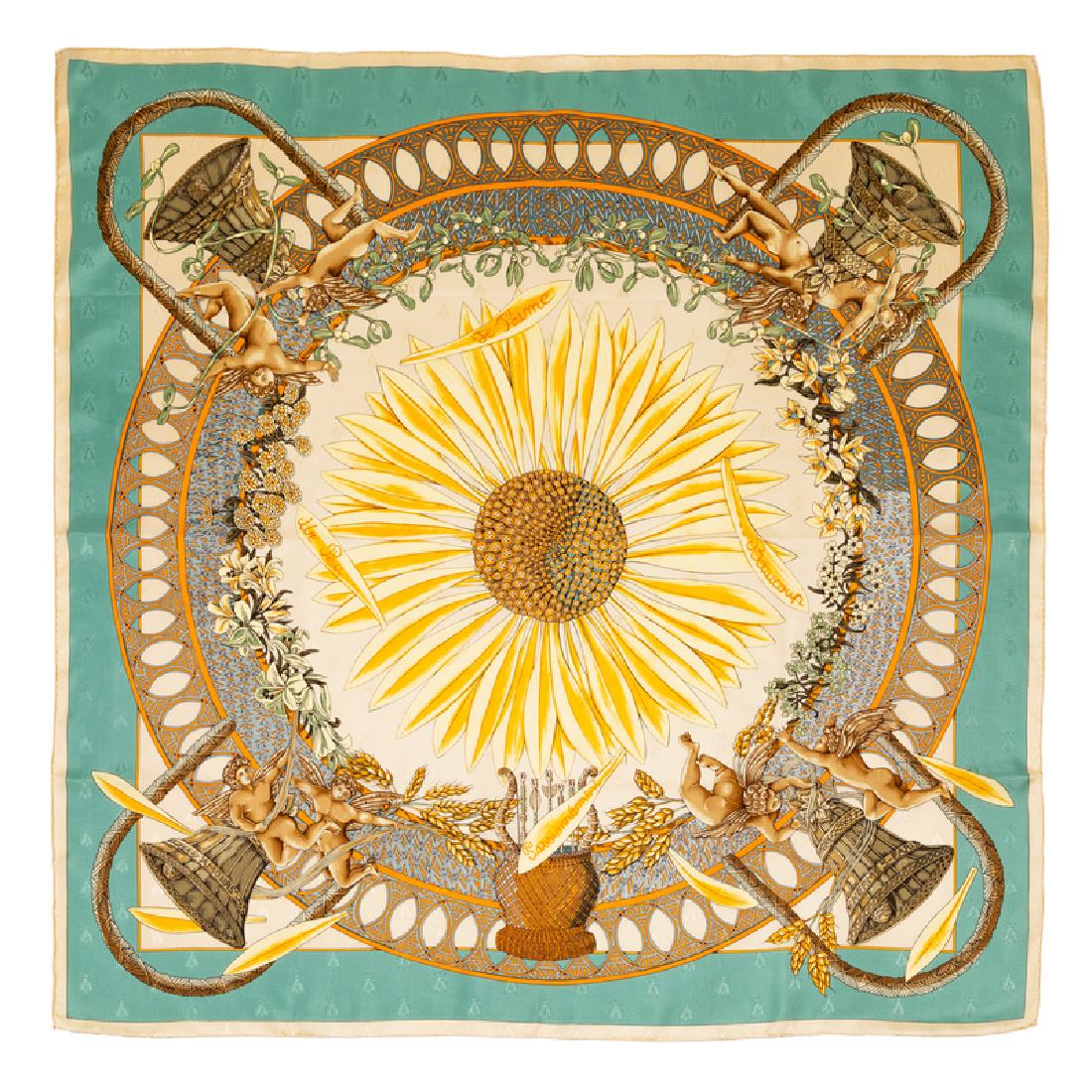 Hermes 90cm Silk Scarf: Hermes 90cm Silk Scarf "Amours" pattern, designed by Annie Faivre. Together with a box. Size: 36" x 36". Labeled within the print: Hermes. Condition: Overall Excellent Condition. No visible conditio
