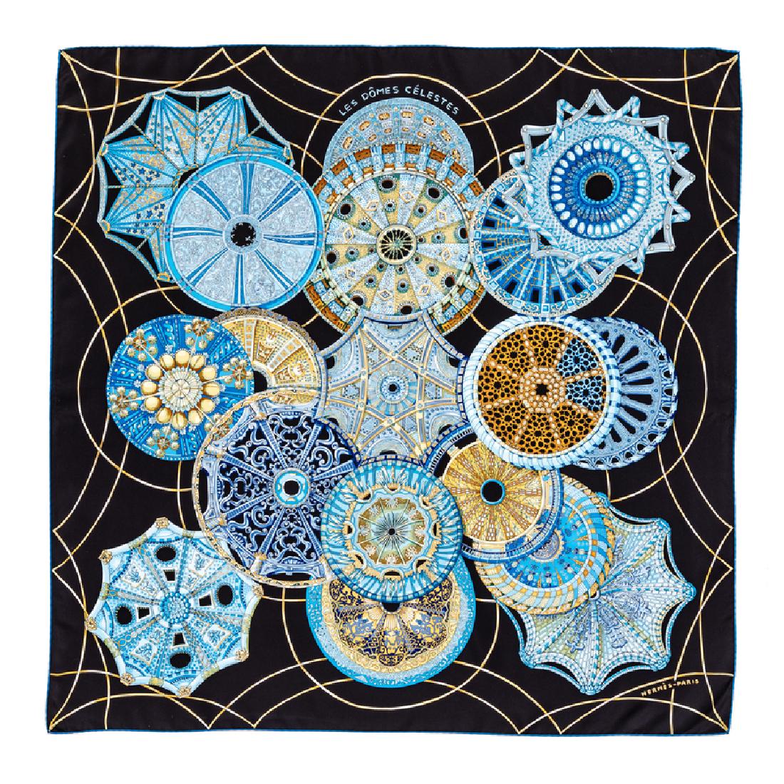 Hermes 90cm Silk Scarf: Hermes 90cm Silk Scarf "Les Domes Celestes" pattern, designed by Annie Faivre. Size: 36" x 36". Stamped within the pattern: Hermes.