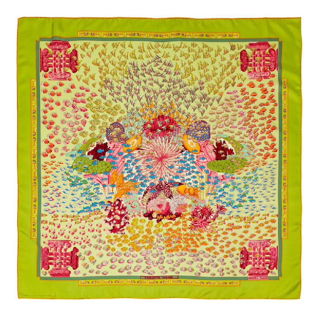 Hermes 90cm Silk Scarf: Hermes 90cm Silk Scarf "Rencontre Oceane" pattern, designed by Annie Faivre. Together with an envelope. Size: 36" x 36". Labeled within the print: Hermes. Condition: Overall Excellent Condition. No vi