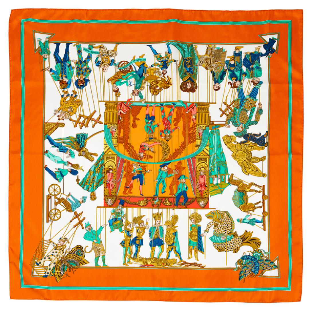 Hermes 90cm Silk Scarf: Hermes 90cm Silk Scarf "Le Temps des Marionnettes" pattern, designed by Annie Faivre. Together with an envelope. Size: 36" x 36". Labeled within the print: Hermes. Condition: Overall Excellent Conditi