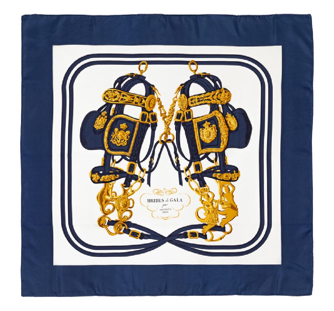 Hermes 90cm Silk Scarf: Hermes 90cm Silk Scarf "Brides de Gala" pattern, designed by Hugo Grygkar. Together with an envelope. Size: 36" x 36". Labeled within the print: Hermes. Condition: Overall Excellent Condition. N