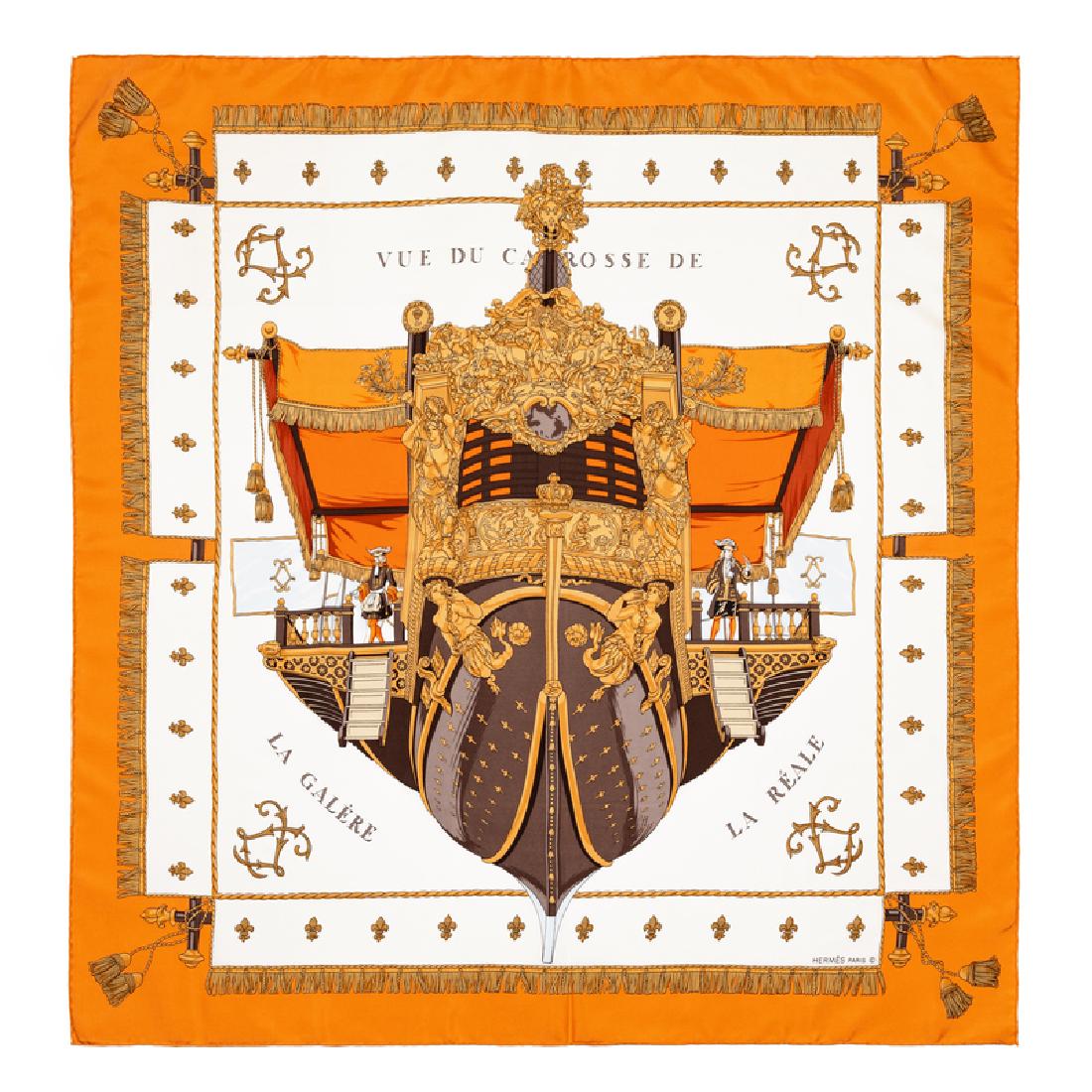 Hermes 90cm Silk Scarf: Hermes 90cm Silk Scarf "Vue du Carosse de la Galere la Reale" pattern, designed by Hugo Grygkar. Together with an envelope. Size: 36" x 36". Labeled within the print: Hermes. Condition: Overall pris