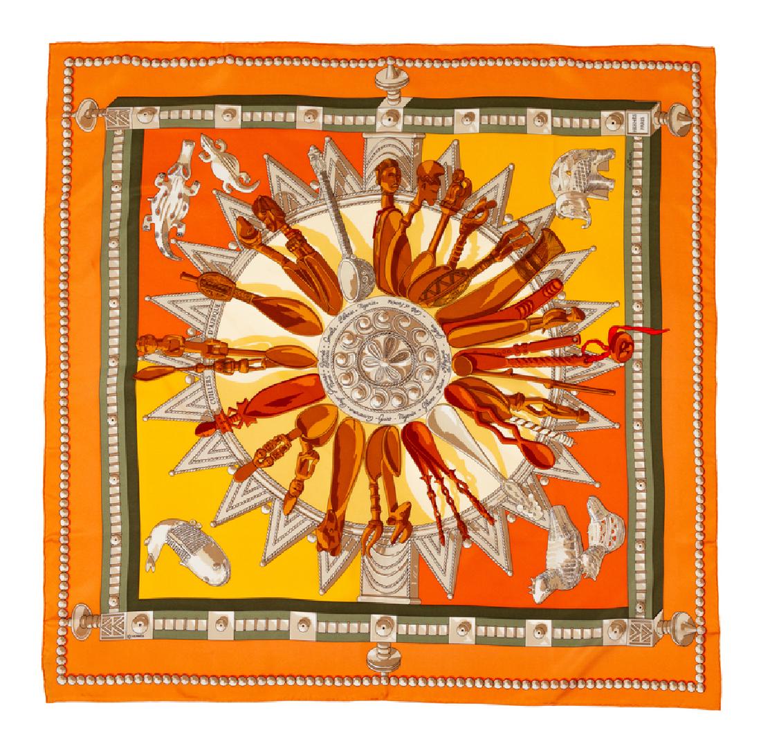 Hermes 90cm Silk Scarf: Hermes 90cm Silk Scarf "Cuillers de l'Afrique" pattern, designed by Caty Latham. Together with an envelope. Size: 36" x 36". Labeled within the print: Hermes. Condition: Overall Excellent Condition. N