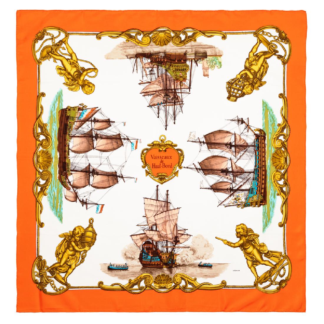 Hermes 90cm Silk Scarf: Hermes 90cm Silk Scarf "Vaisseaux de Haut-Bord" pattern, designed by Philippe Ledoux. Together with an envelope. Size: 36" x 36". Labeled within the print: Hermes. Condition: Overall pristine co