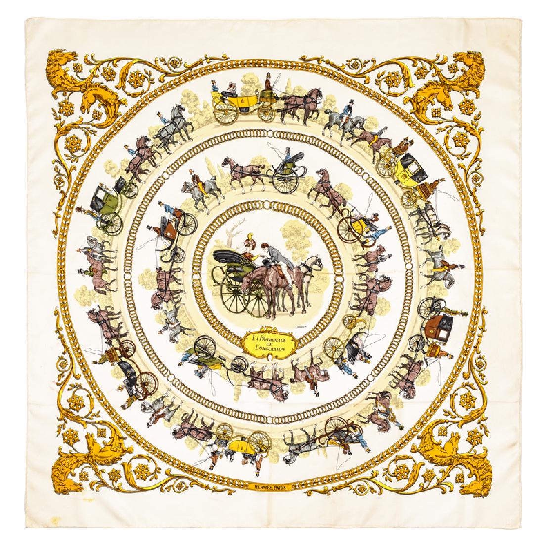 Hermes 90cm Silk Scarf: Hermes 90cm Silk Scarf "La Promenade de Longchamps" pattern, designed by Philippe Ledoux. Together with a box. Size: 36" x 36". Labeled within the print: Hermes. Condition: Overall good condition.