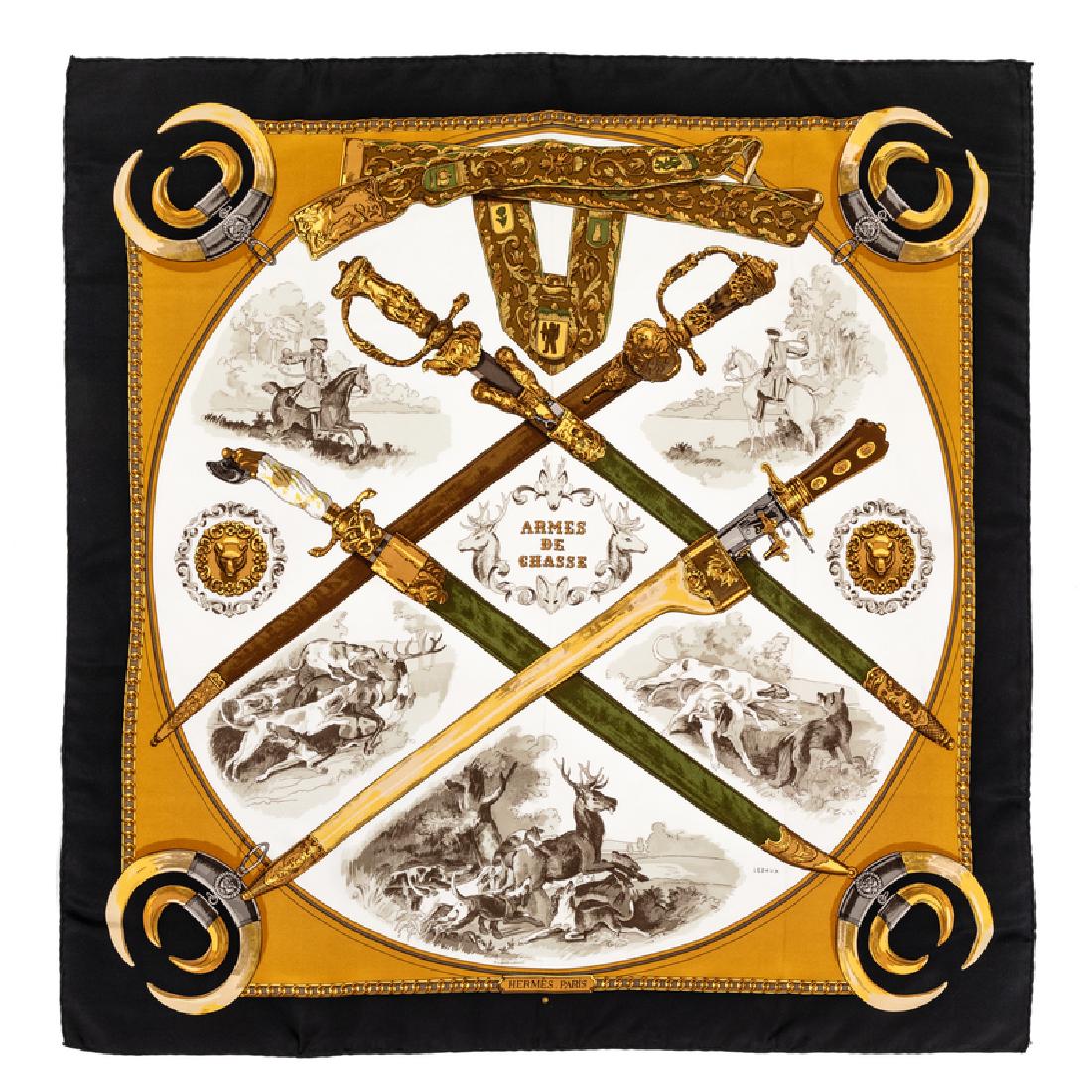 Hermes 90cm Silk Scarf: Hermes 90cm Silk Scarf "Armes de Chasse" pattern, designed by Philippe Ledoux. Together with an envelope. Size: 36" x 36". Labeled within the print: Hermes. Condition: Overall Excellent Condition. No 