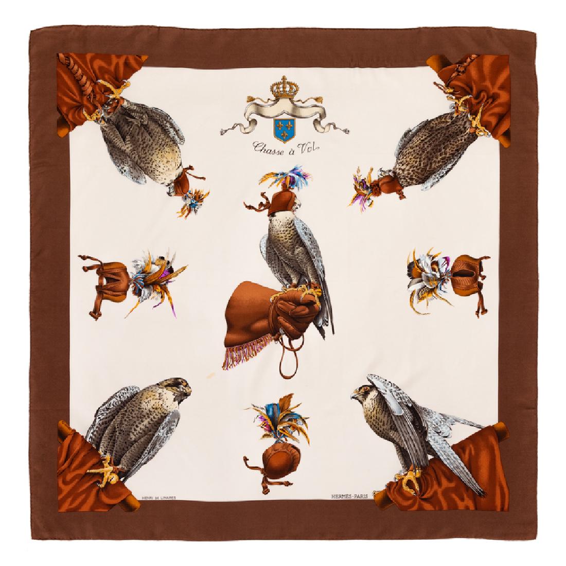 Hermes 90cm Silk Scarf: Hermes 90cm Silk Scarf "Chasse a Vol" pattern, designed by Henri De Linares. Size: 36" x 36". Stamped within the pattern: Hermes. Condition: Overall good condition. One long line snag along upper trim