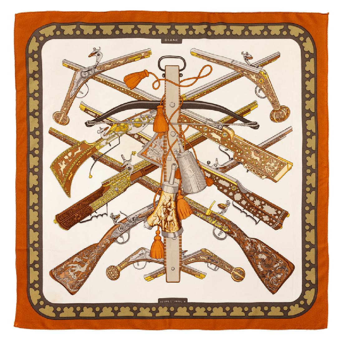 Hermes 90cm Silk Scarf: Hermes 90cm Silk Scarf "Diane" pattern, designed by Henri De Linares. Together with an envelope. Size: 36" x 36". Labeled within the print: Hermes. Condition: Overall Good Condition/Consistent wit