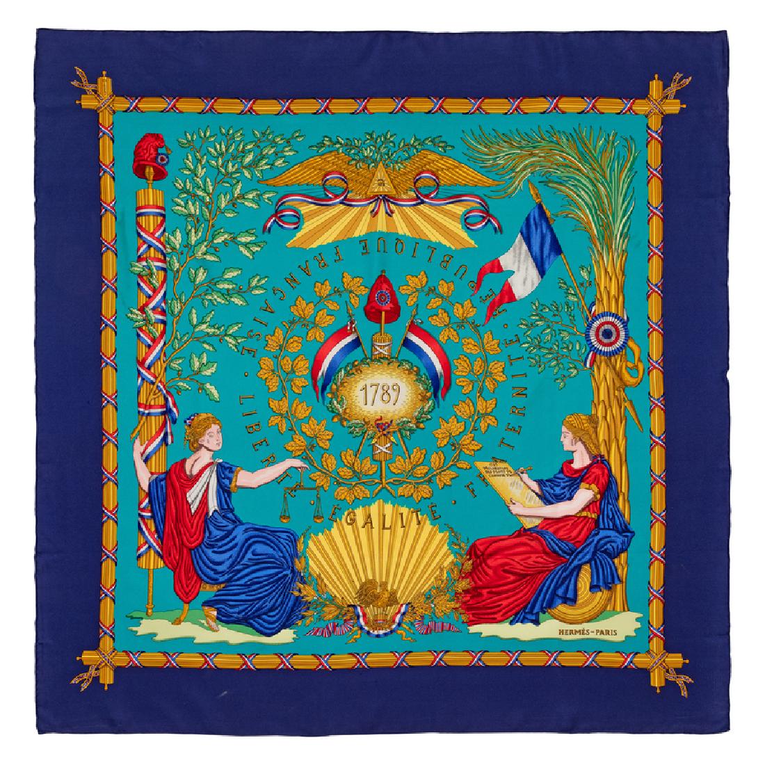 Hermes 90cm Silk Scarf: Hermes 90cm Silk Scarf "1789 Liberte Egalite Fraternite" pattern, designed by Joachim Metz. Size: 36" x 36". Labeled within the print: Hermes. Conditions: Overall Very Good Condition. Minor line sna
