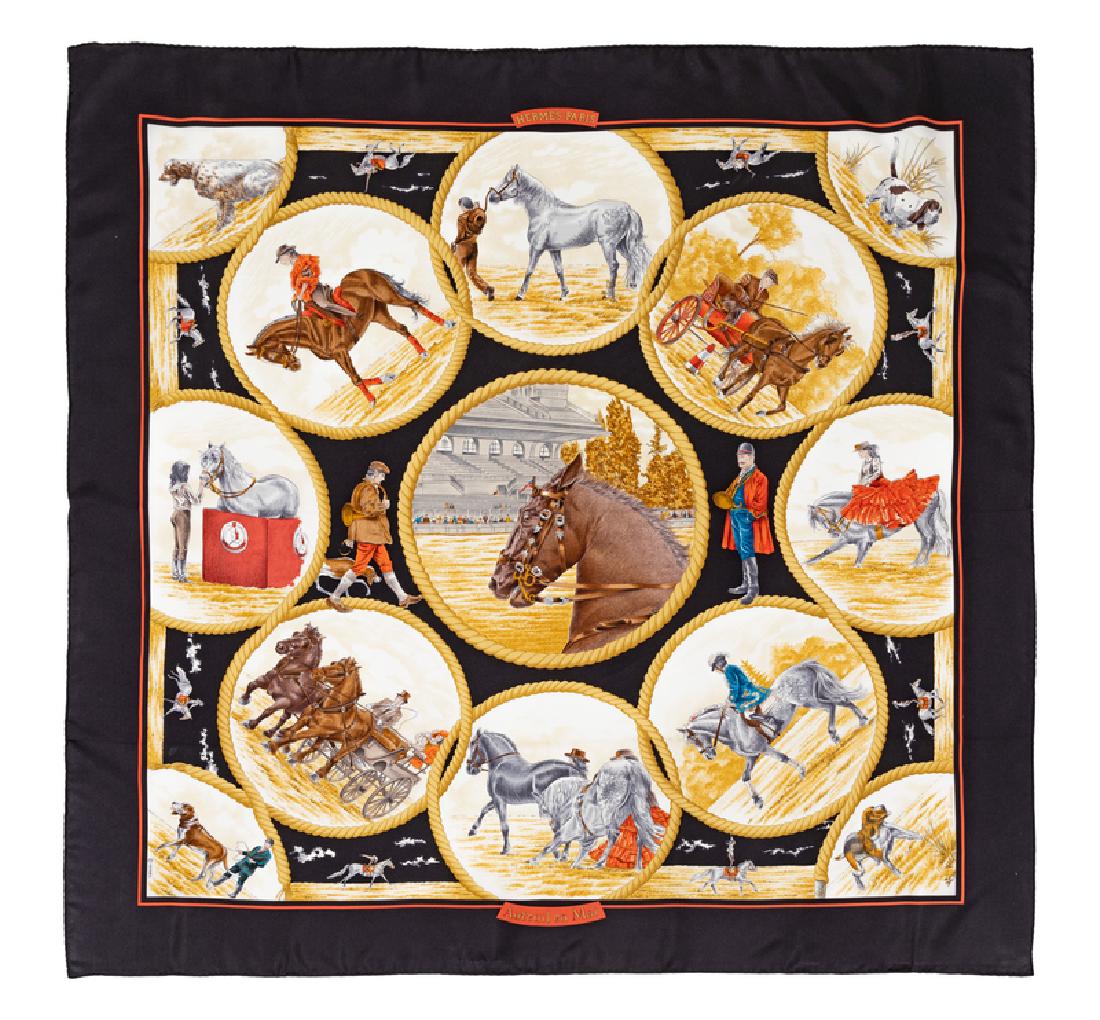 Hermes 90cm Silk Scarf: Hermes 90cm Silk Scarf "Auteuil en Mai" pattern, designed by Carl De Parcevaux. Together with a box. Size: 36" x 36". Labeled within the print: Hermes. Condition: Overall Excellent Condition. Minor sp