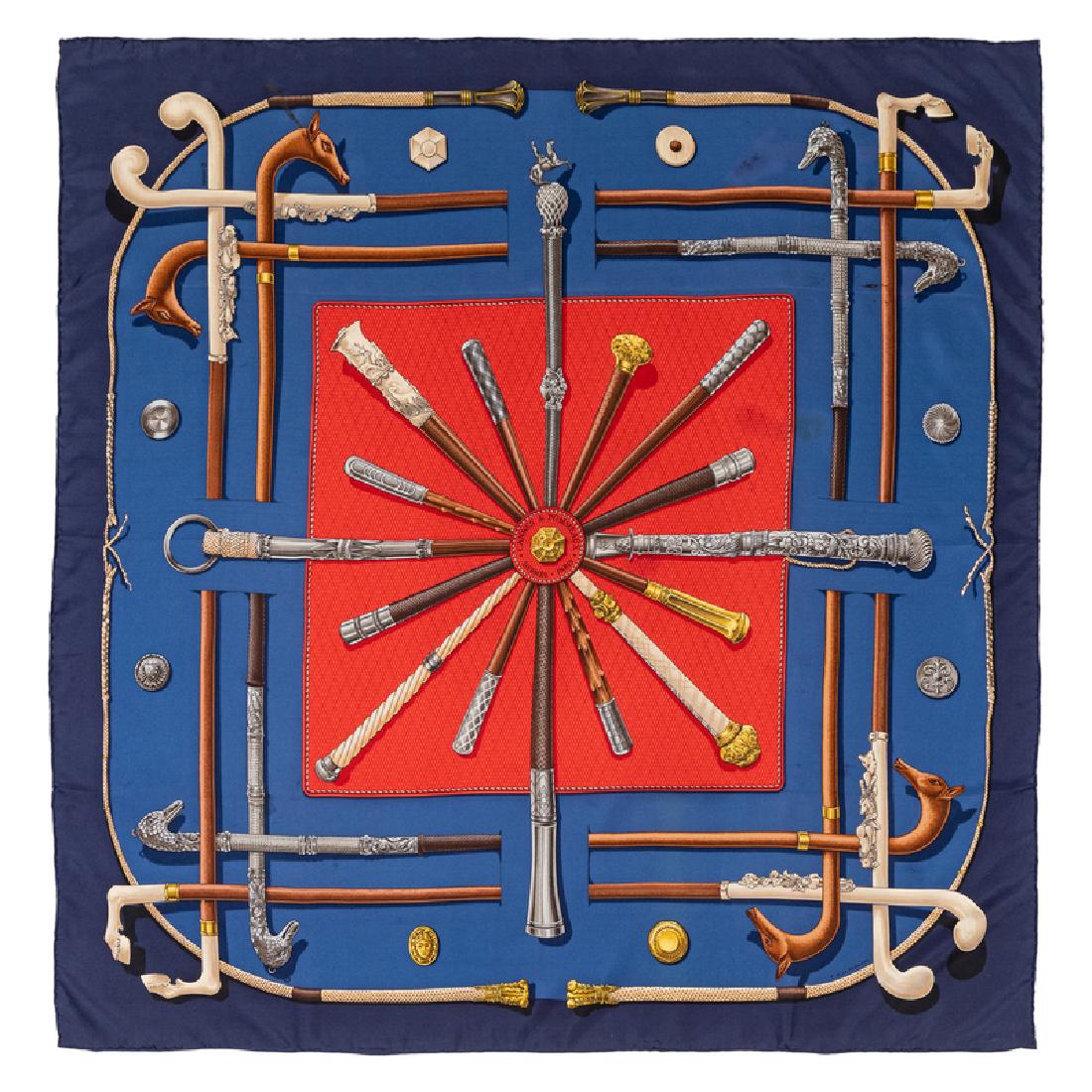 Hermes 90cm Silk Scarf: Hermes 90cm Silk Scarf "Cannes et Pommeaux" pattern, designed by Francoise De La Perriere. Together with a box. Labeled within the print: Francoise De La Perriere. Size: 36" x 36". Labeled within the 