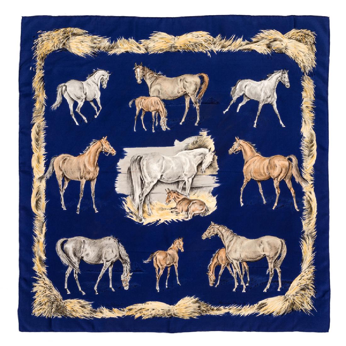 Hermes 90cm Silk Scarf: Hermes 90cm Silk Scarf "Les Poulains" pattern, designed by Xavier de Poret. Size: 36" x 36". Labeled within the print: Hermes. Condition: Overall Excellent Condition. Some makeup spots throughout cent