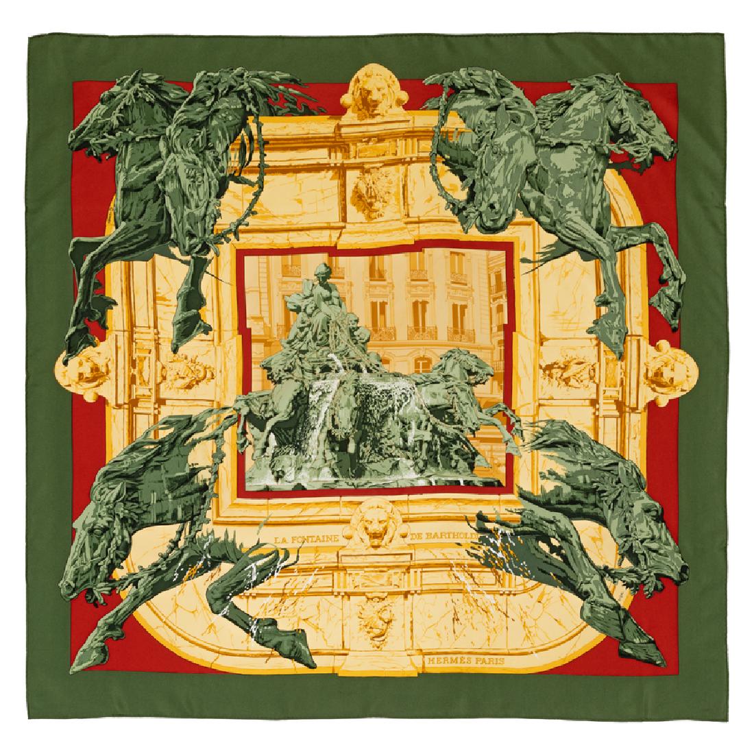 Hermes 90cm Silk Scarf: Hermes 90cm Silk Scarf "La Fontaine de Bartholdi" pattern, designed by Vladimir Rybaltchenko. Together with an envelope. Size: 36" x 36". Labeled within the print: Hermes. Condition: Overall Excellent