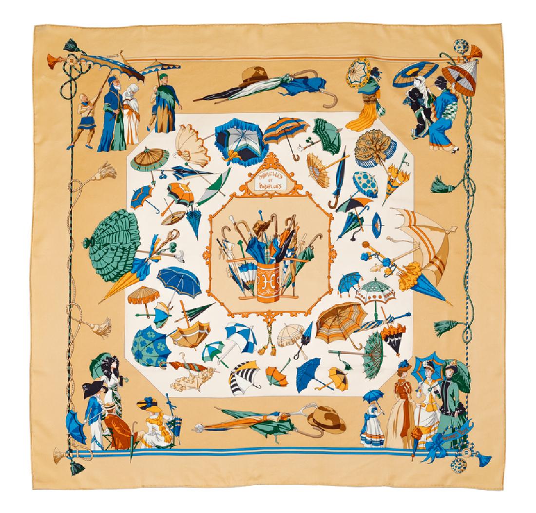Hermes 90cm Silk Scarf: Hermes 90cm Silk Scarf "Ombrelles et Parapluies" pattern, designed by Hubert de Watrigant. Together with a box. Size: 36" x 36". Labeled within the print: Hermes. Condition: Overall Excellent C