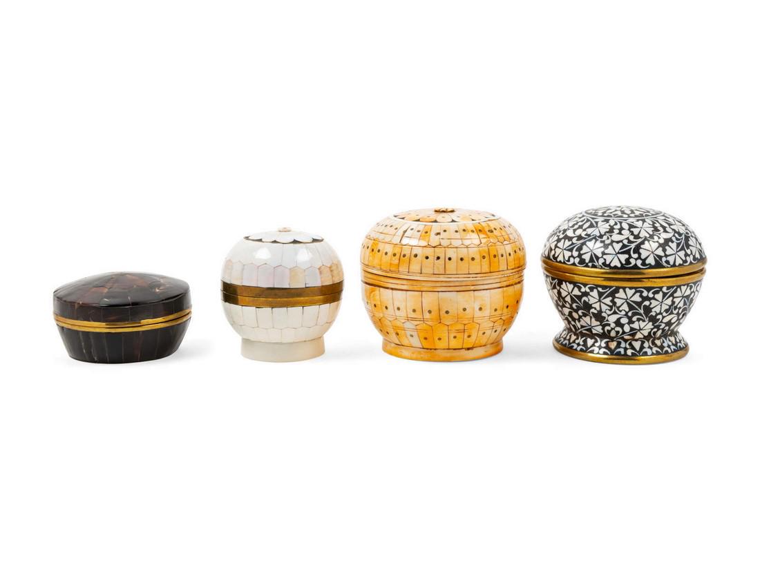 Four Decorative Boxes each of circular form.<b: Four Decorative Boxes each of circular form. Height of tallest 2 3/4 inches.