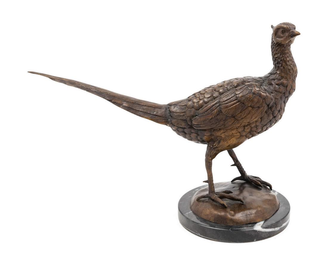 A Bronze Figure of a Pheasant set on a circula: A Bronze Figure of a Pheasant set on a circular stone base, apparently unmarked. Height overall 13 x width 17 inches. Origin: Property from the Collection of James Flynn and Bill Wiley, Chicago, Illin